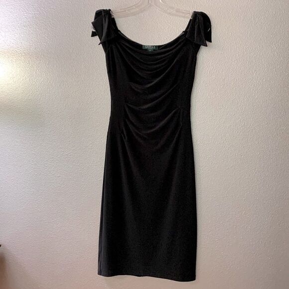 LAUREN Ralph Lauren Wide neckline bow details on shoulders ruching black dress - Picture 2 of 10